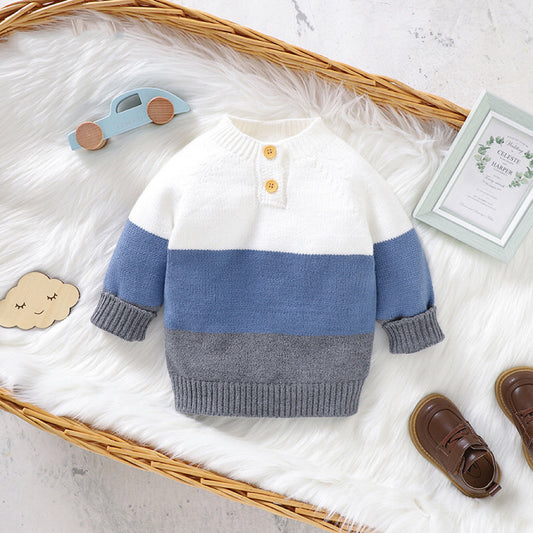 Baby Boy Color block Pattern Quarter Button Design Pullover Crewneck Knitwear Sweater-0