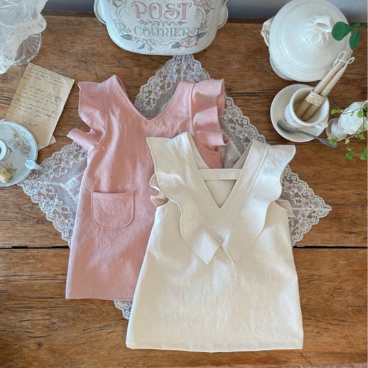 Baby Girl Solid V-Collars Combo Pockets Design Dress-0