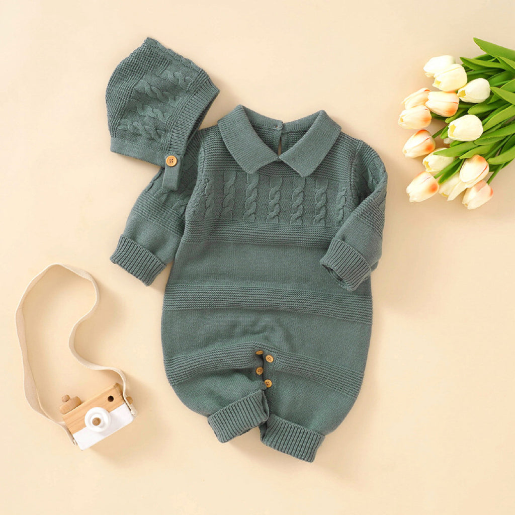 Baby Solid Color Crochet Knit Design Lapel Knit Jumpsuit-0