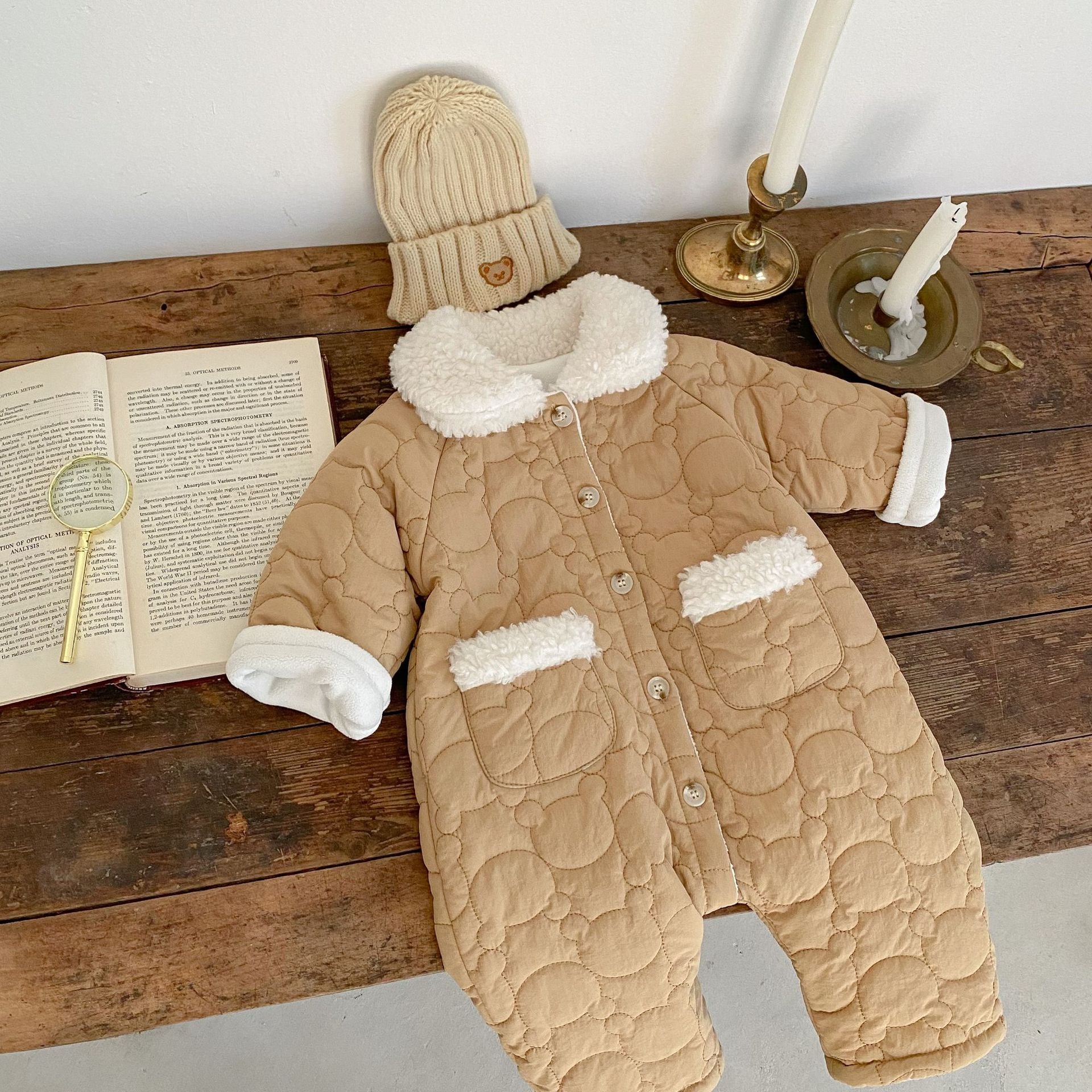 Baby Solid Color Lapel Design Quality Quilted Warm Jumpsuit-8