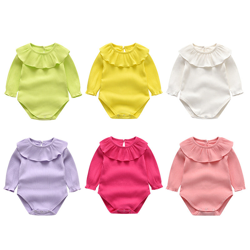 Baby Girl Solid Color Ruffle Neck Design Long Sleeve Onesies-7