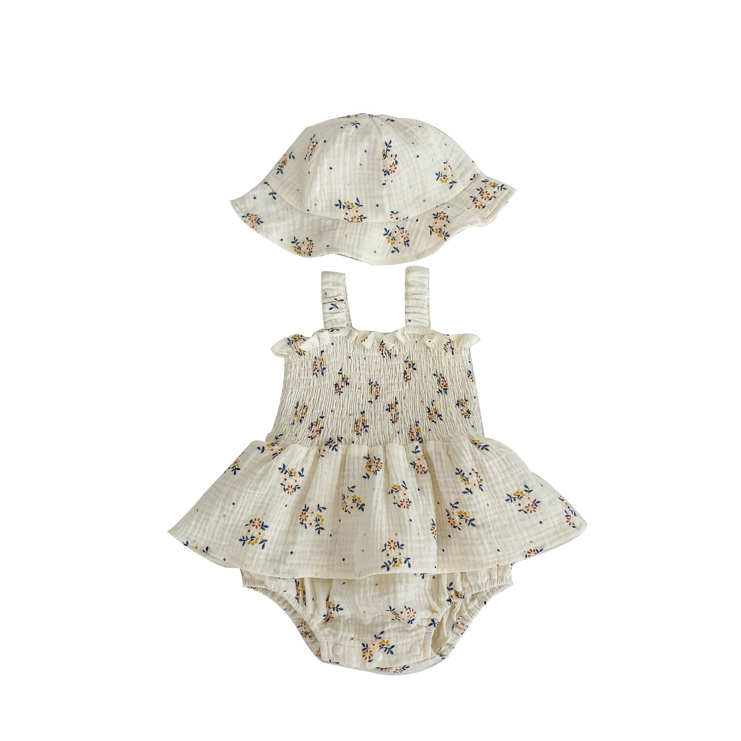 Baby Flower Pattern Sling Design Onesies Dress With Hat-7