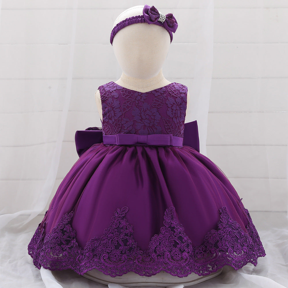 Baby Girl Floral Mesh Overlay Design Princess Full Moon Formal Dress & Headband-24