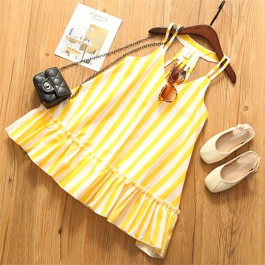 Baby Girl Striped Pattern Lace Design Sleeveless Dress-0