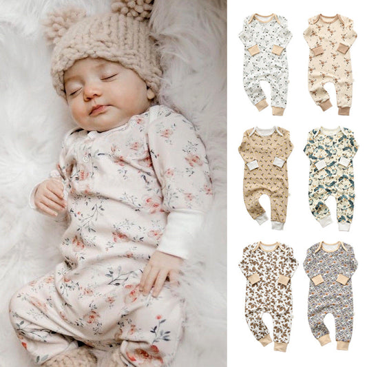 Baby Floral Graphic Envelope Collar Design Soft Cotton Nordic Style Jumpsuit-0