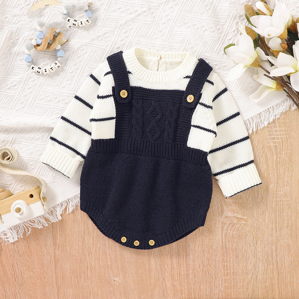 Baby Striped Pattern False Design Triangle Knit Onesies-0