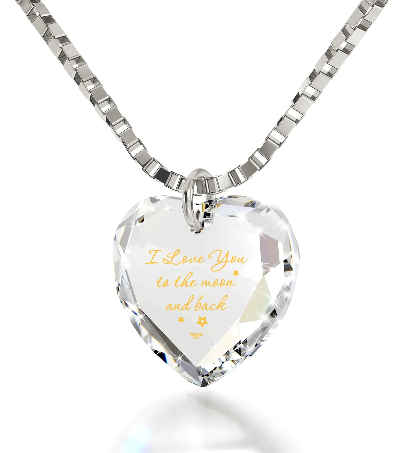 Tiny Crystal Heart pendant 24k Gold Inscribed I Love You to the Moon and Back Necklace