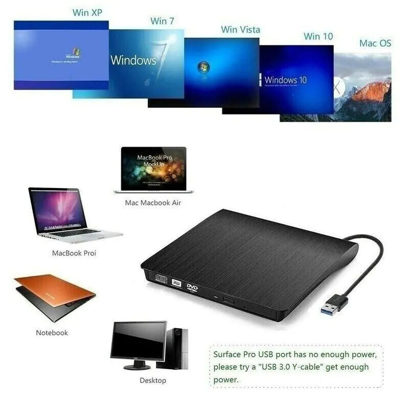 Slim External CD DVD RW Drive USB 3.0 Writer Burner Player Black For Laptop PC