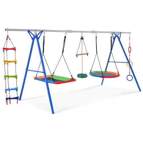 5-in-1 Outdoor Toddler Swing Set, Playground Swing Set With Steel Frame, Multifunctional Playset For Kids With Climbing Ladder, Saucer Swing, Monkey Pole Swing, Disc Swing And Swing Ring