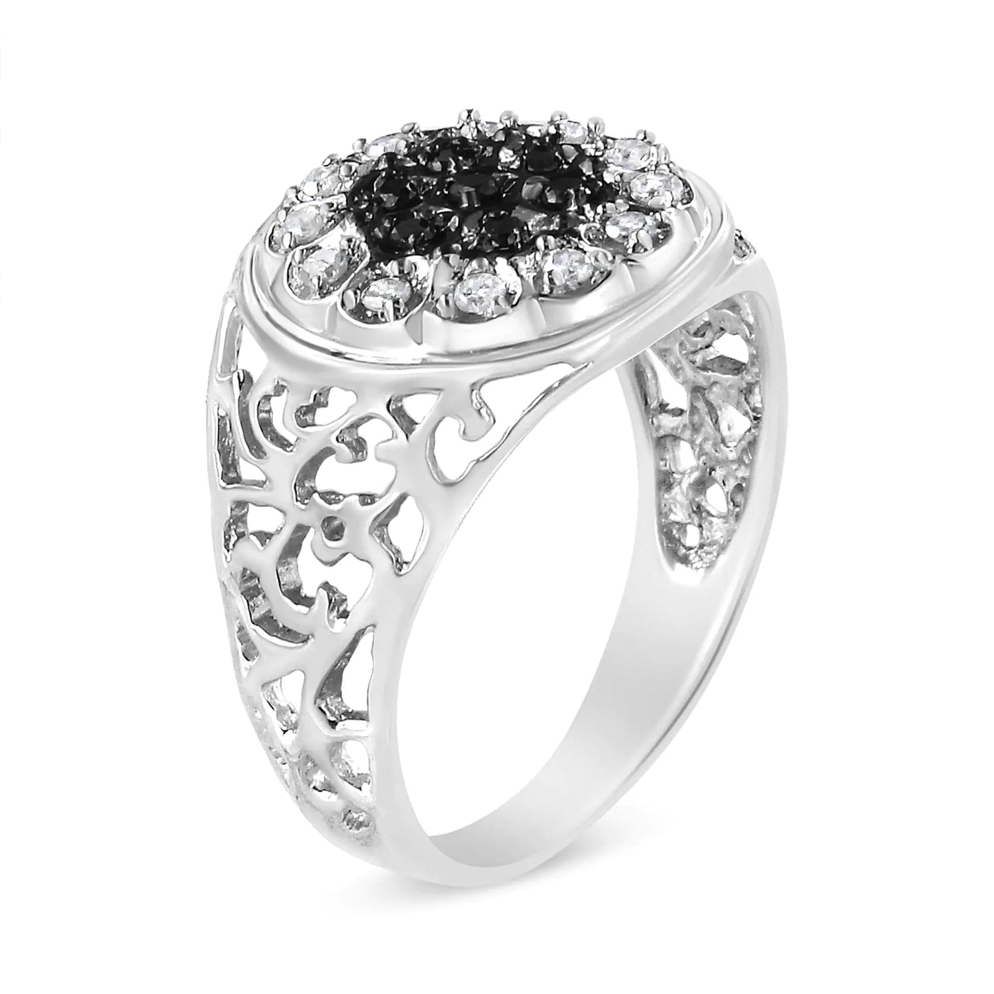 .925 Sterling Silver 1/4 Cttw White and Black Treated Diamond Halo Cluster Ring for Men (I-J Color, I3 Clarity)