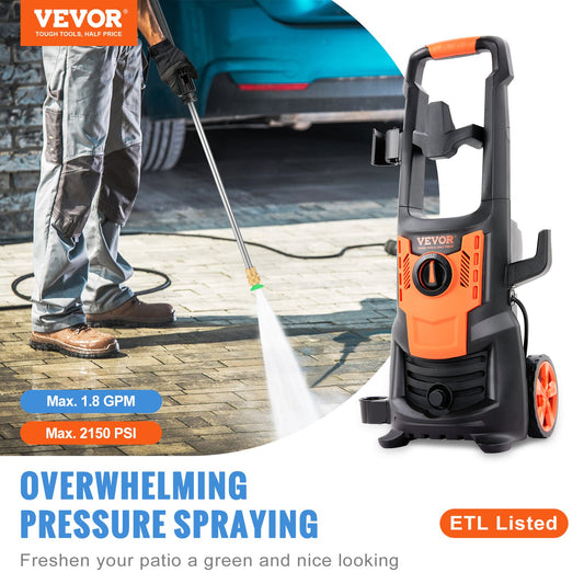 VEVOR Electric Pressure Washer, 2150 PSI, Max. 1.8 GPM, 1800W Power Washer w/ 26 ft Hose, 4 Quick Connect Nozzles, Foam Cannon, Portable to Clean Patios, Cars, Fences, Driveways-0
