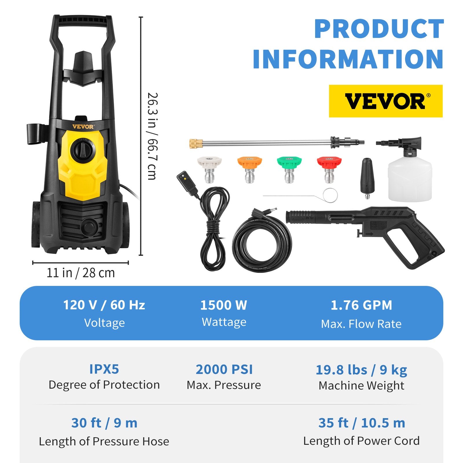VEVOR Electric Pressure Washer, 2000 PSI, Max. 1.76 GPM Power Washer w/ 30 ft Hose, 5 Quick Connect Nozzles, Foam Cannon, Portable to Clean Patios, Cars, Fences, Driveways, ETL Listed-5