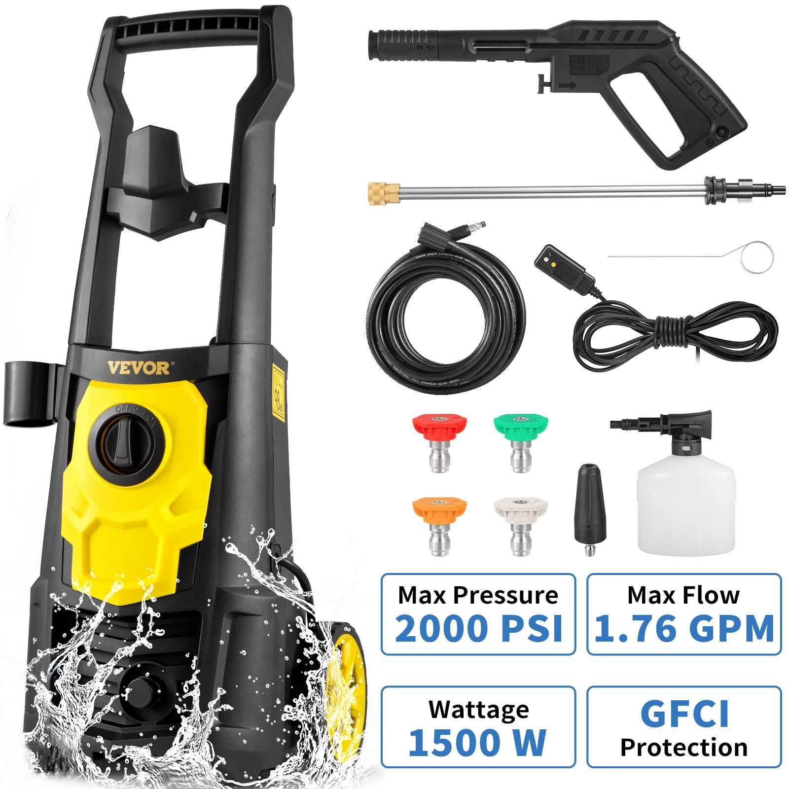 VEVOR Electric Pressure Washer, 2000 PSI, Max. 1.76 GPM Power Washer w/ 30 ft Hose, 5 Quick Connect Nozzles, Foam Cannon, Portable to Clean Patios, Cars, Fences, Driveways, ETL Listed-6