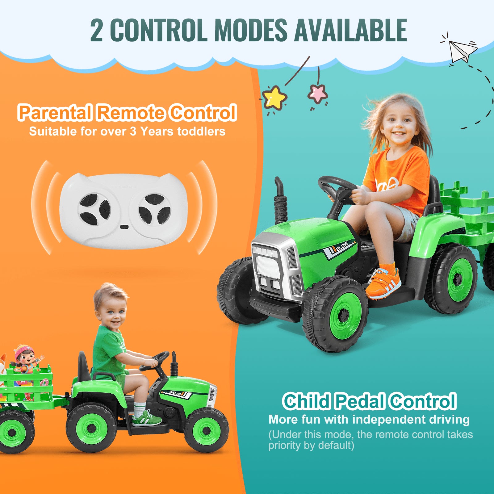 VEVOR Kids Ride on Tractor 12V Electric Toy Tractor with Trailer Remote Control-2