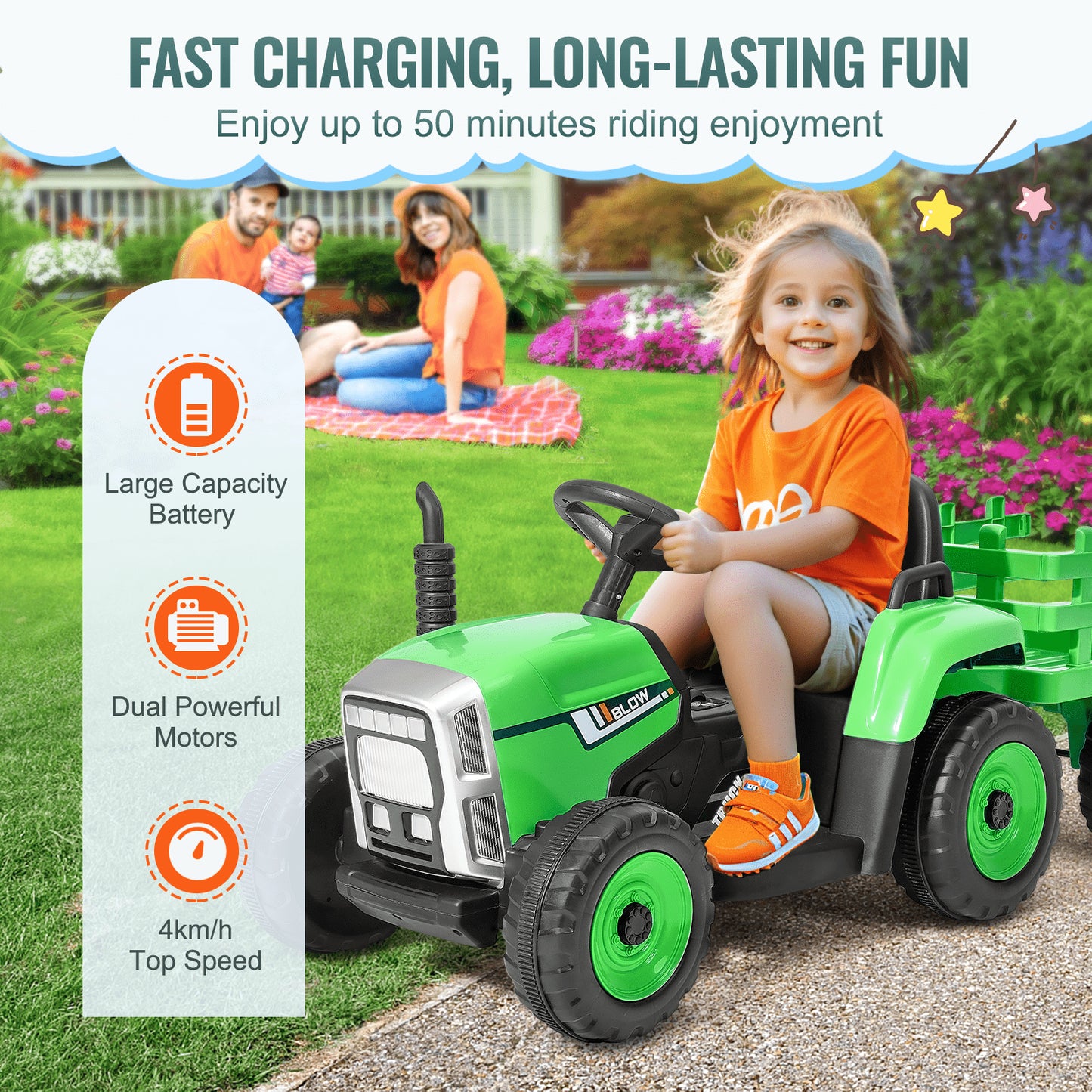 VEVOR Kids Ride on Tractor 12V Electric Toy Tractor with Trailer Remote Control-3