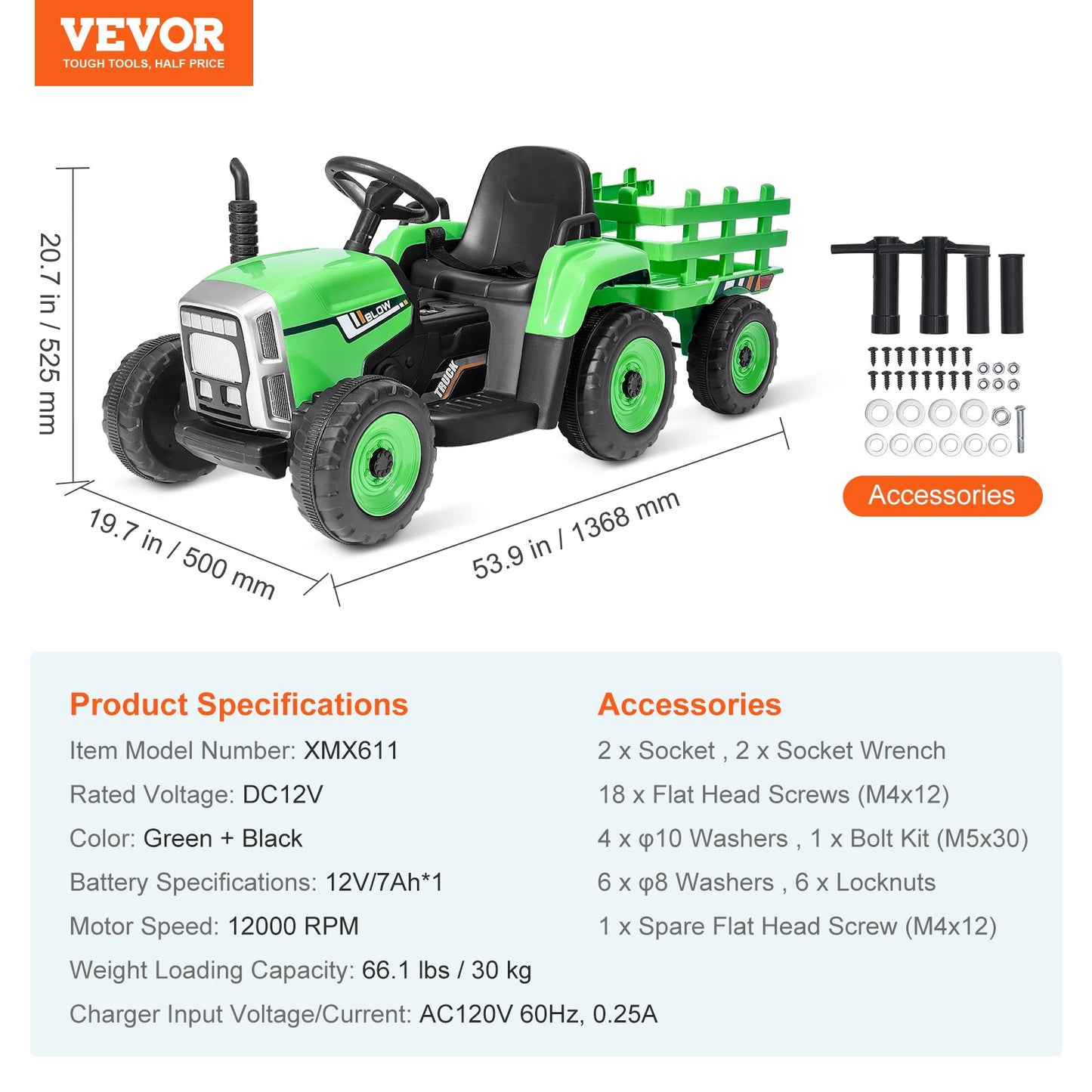 VEVOR Kids Ride on Tractor 12V Electric Toy Tractor with Trailer Remote Control-5