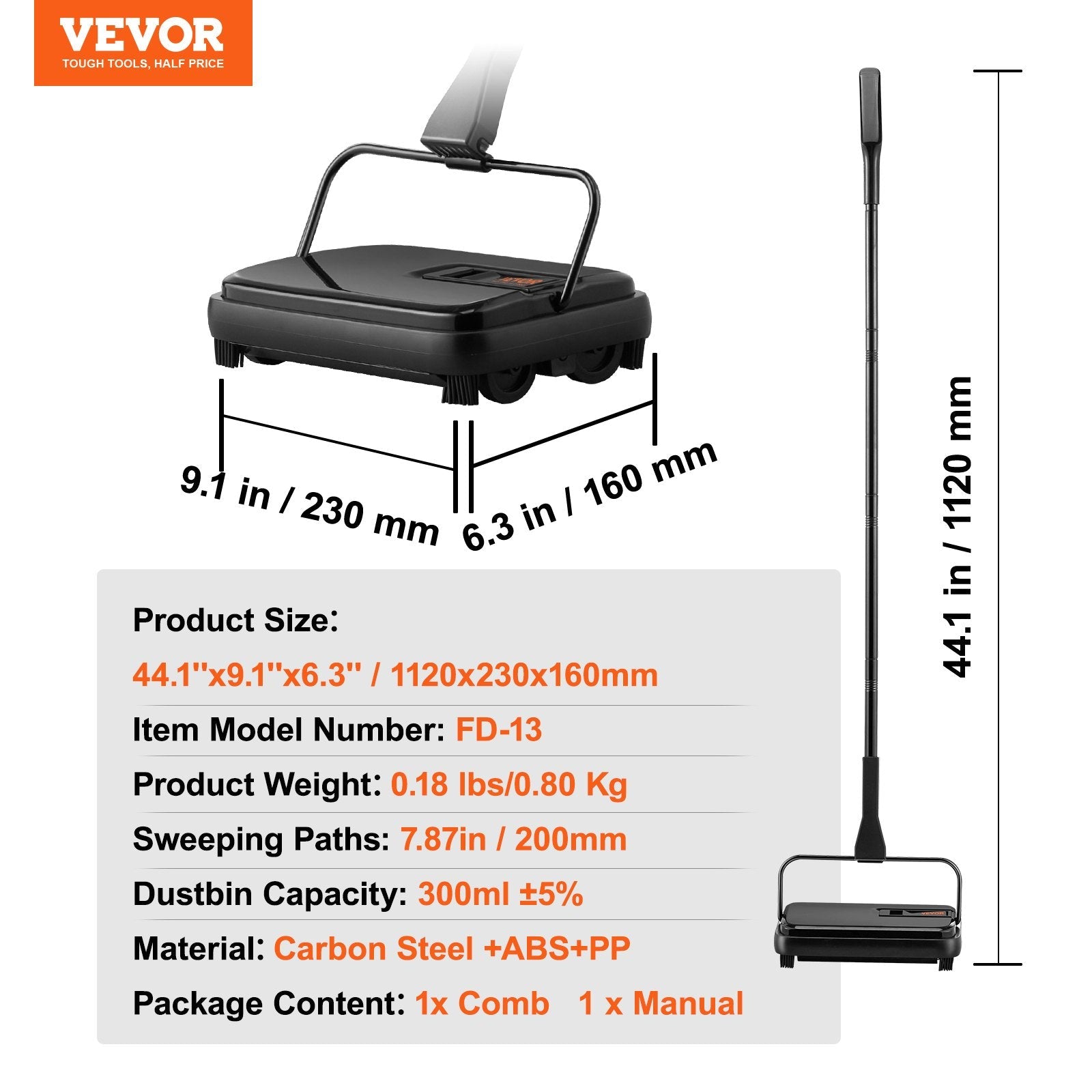 VEVOR Carpet Sweeper, 7.87 in Sweeping Paths, Floor Sweeper Manual Non Electric, 300 ml Dustbin Capacity with Comb for Home Office Rugs Hardwood Surfaces Wood Floors Laminate, Cleans Dust Pet Hair-5