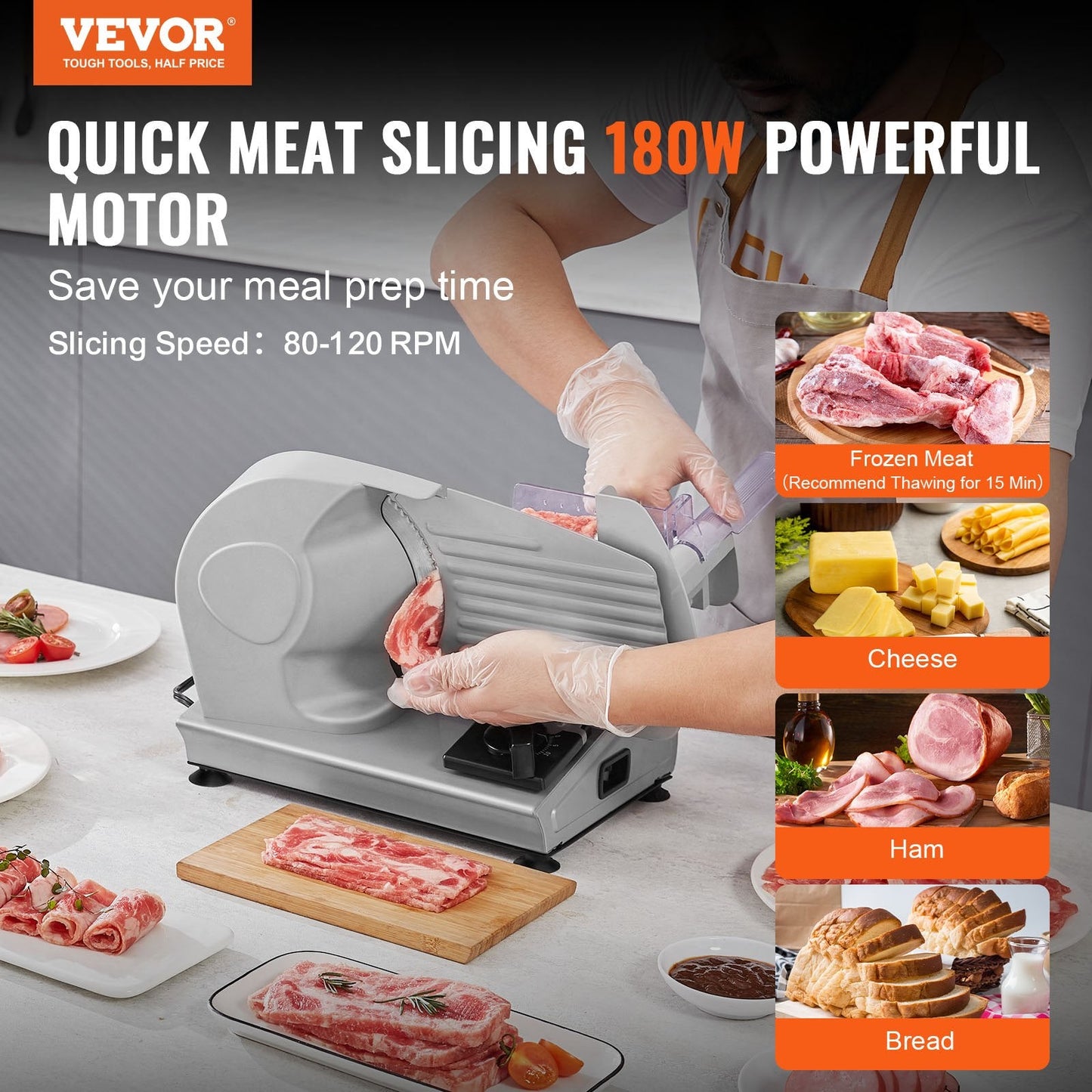 VEVOR Meat Slicer, 180W Electric Deli Food Slicer with 7.5" SUS420 Stainless Steel Blade and Blade Guard, 0 - 0.6 inch Adjustable Thickness for Home Use, Easy to Clean, Cut Meat, Bread, Ham and Cheese-0