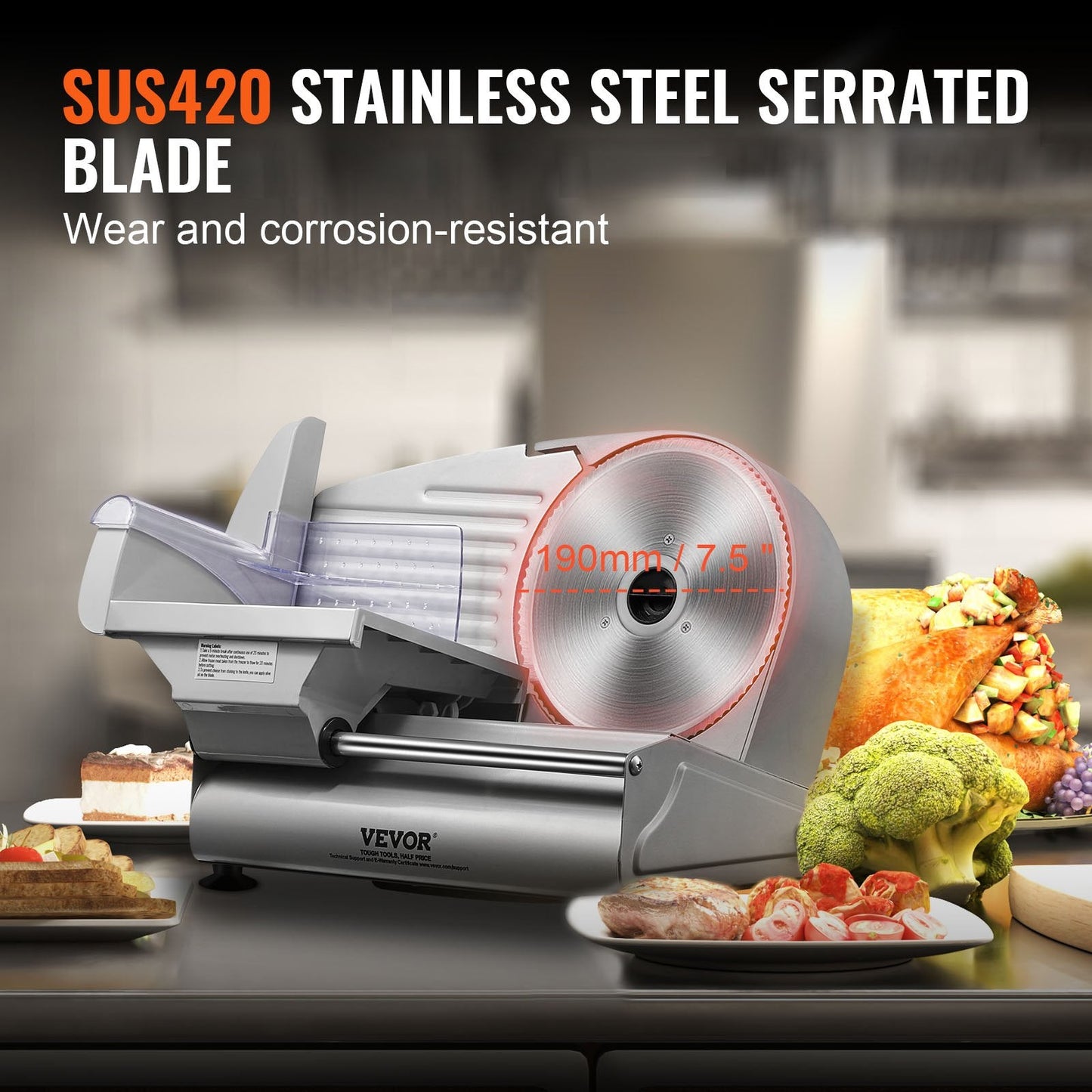 VEVOR Meat Slicer, 180W Electric Deli Food Slicer with 7.5" SUS420 Stainless Steel Blade and Blade Guard, 0 - 0.6 inch Adjustable Thickness for Home Use, Easy to Clean, Cut Meat, Bread, Ham and Cheese-2