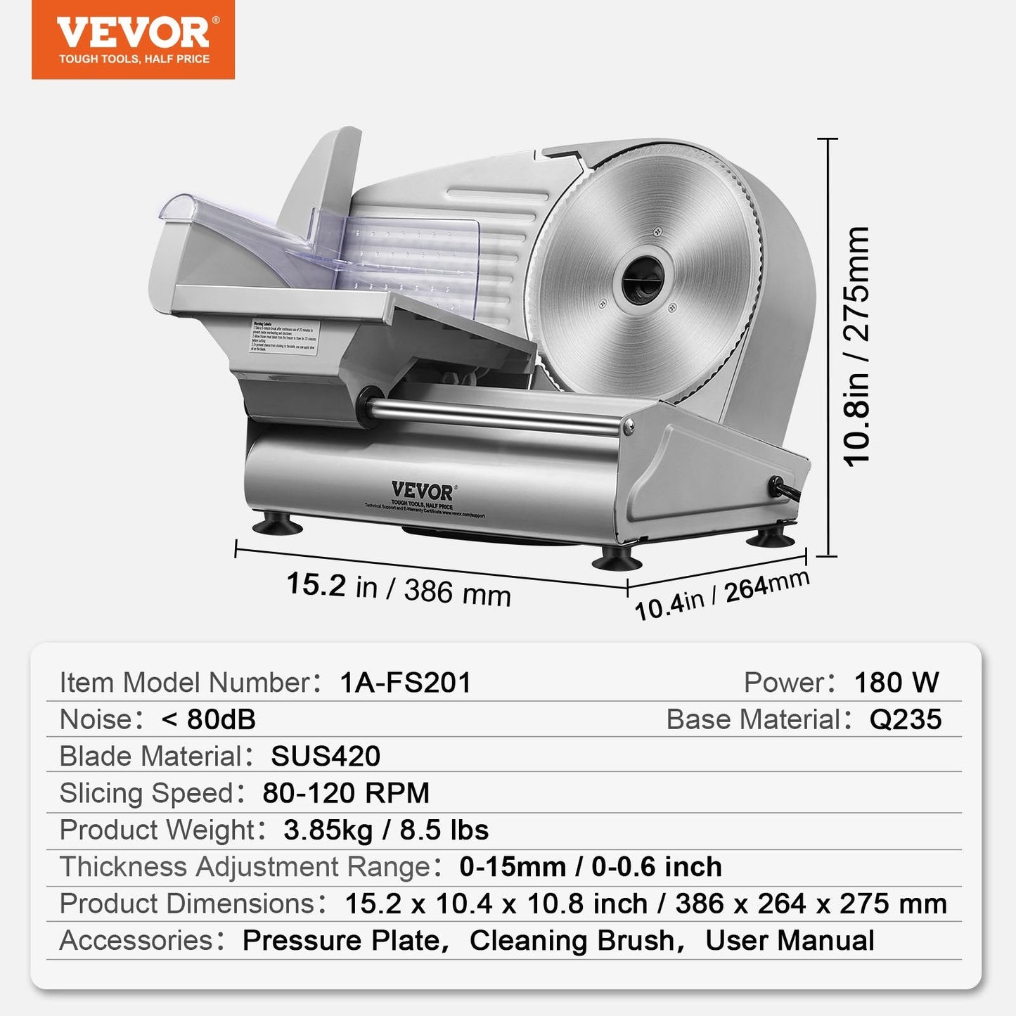 VEVOR Meat Slicer, 180W Electric Deli Food Slicer with 7.5" SUS420 Stainless Steel Blade and Blade Guard, 0 - 0.6 inch Adjustable Thickness for Home Use, Easy to Clean, Cut Meat, Bread, Ham and Cheese-5