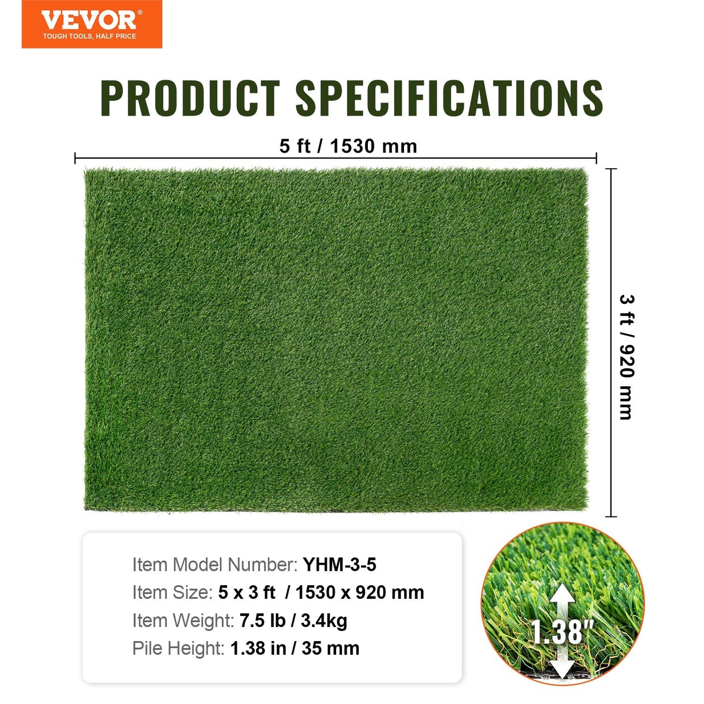 VEVOR Artifical Grass, 3 x 5 ft Rug Green Turf, 1.38" Fake Door Mat Outdoor Patio Lawn Decoration, Easy to Clean with Drainage Holes, Perfect For Multi-Purpose Home Indoor Entryway Scraper Dog Mats-5