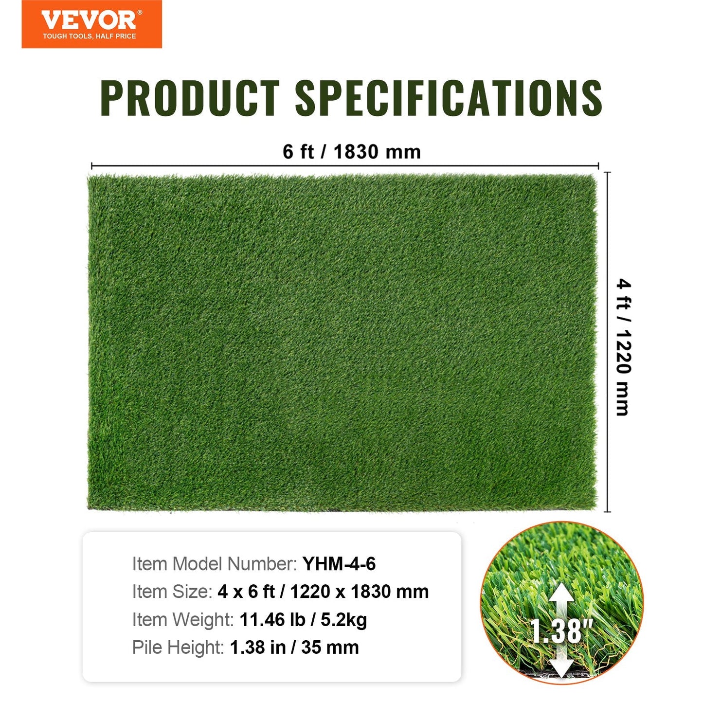 VEVOR Artifical Grass, 4 x 6 ft Rug Green Turf, 1.38"Fake Door Mat Outdoor Patio Lawn Decoration, Easy to Clean with Drainage Holes, Perfect For Multi-Purpose Home Indoor Entryway Scraper Dog Mats-5