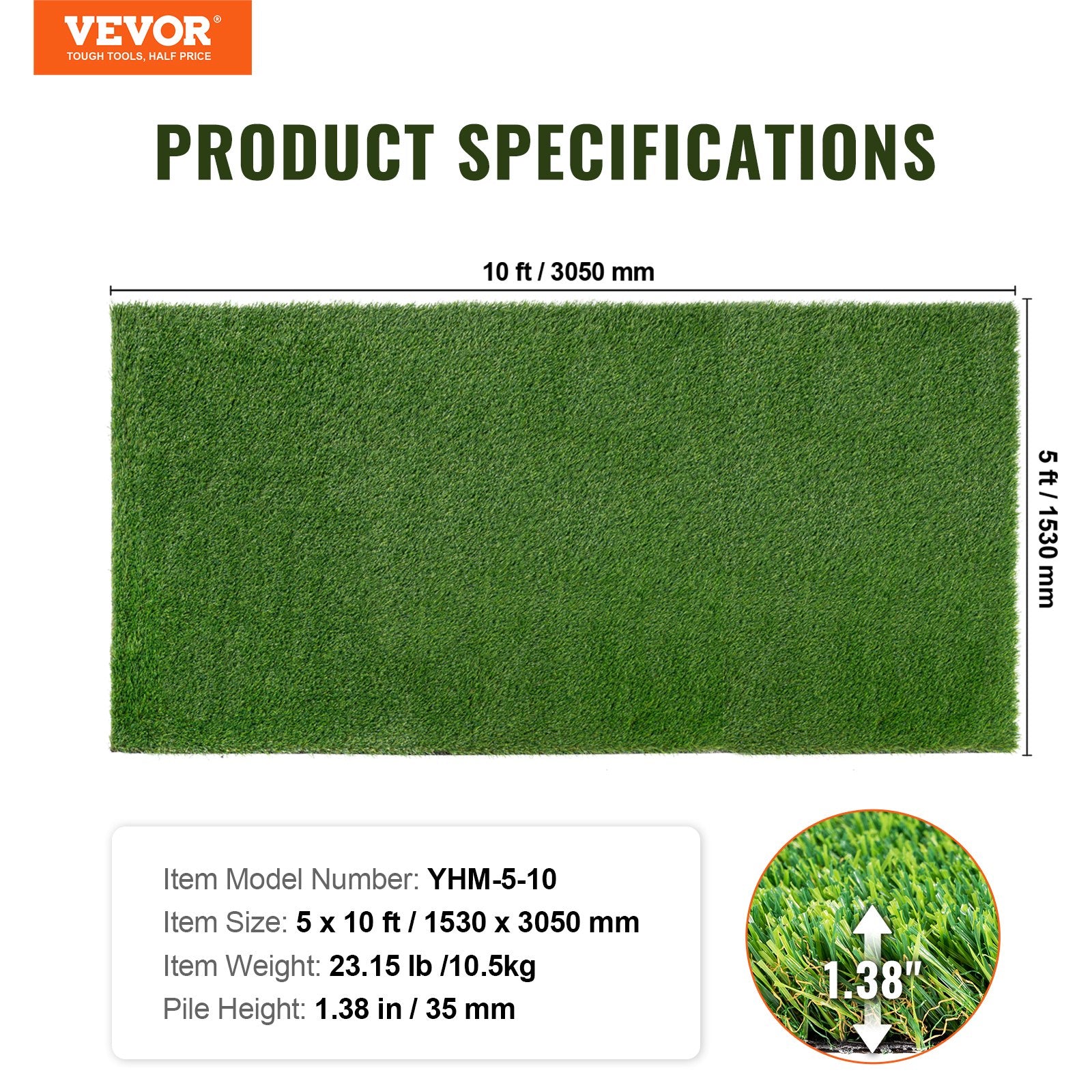 VEVOR Artifical Grass, 5 x 10 ft Rug Green Turf, 1.38"Fake Door Mat Outdoor Patio Lawn Decoration, Easy to Clean with Drainage Holes, Perfect For Multi-Purpose Home Indoor Entryway Scraper Dog Mats-5