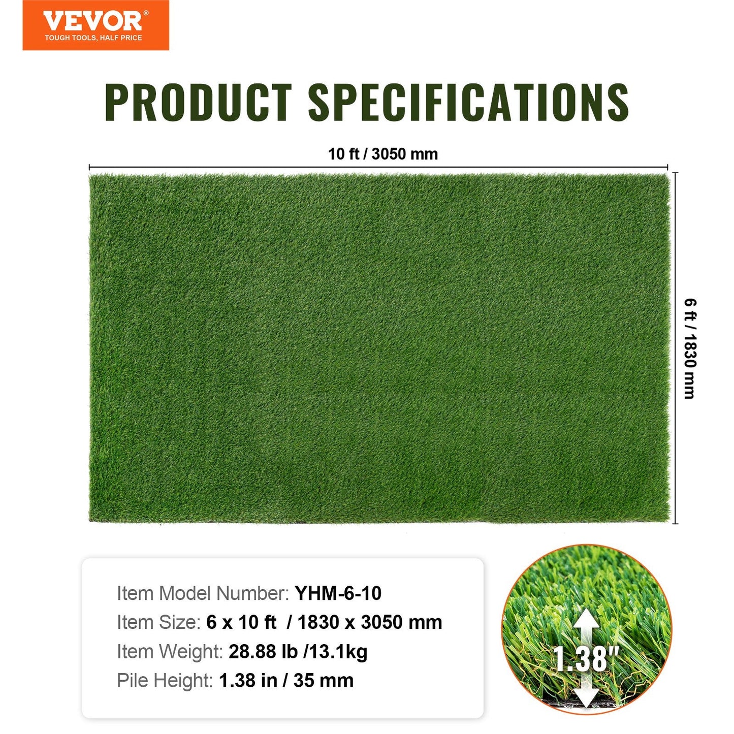 VEVOR Artifical Grass, 6 x 10 ft Rug Green Turf, 1.38"Fake Door Mat Outdoor Patio Lawn Decoration, Easy to Clean with Drainage Holes, Perfect For Multi-Purpose Home Indoor Entryway Scraper Dog Mats-5