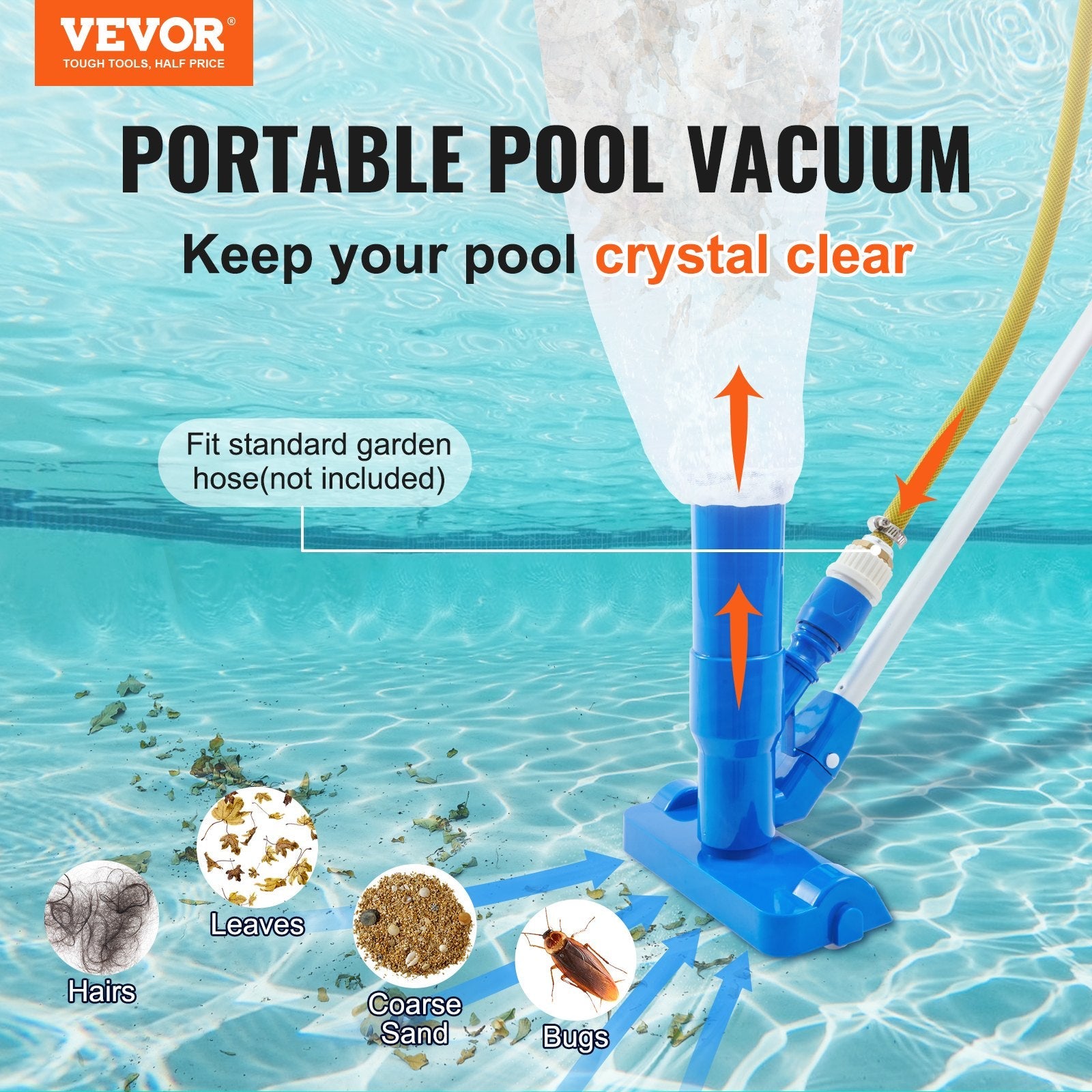 VEVOR Portable Pool Vacuum, Handheld Pool Vacuum Cleaner with 3 Scrub Brushes & 56" 6 Sections Pole, Swimming Pool Jet Cleaner for Above Ground Pool, Inflatable Pool, Spas, Ponds & Fountains-0