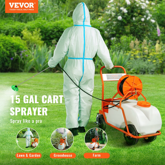 VEVOR Battery Powered Lawn Sprayer on Wheel, 0-90 PSI Adjustable Pressure, 15 Gallon Tank, Cart Sprayer with 8 Nozzles and 2 Wands, 12V 12Ah Battery, Wide Mouth Lid for Weeding, Spraying-0