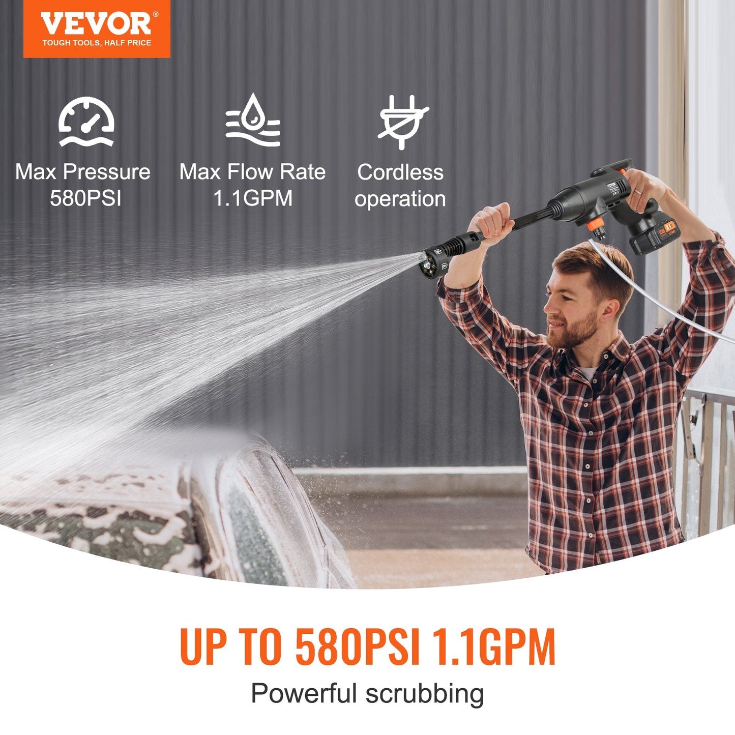 VEVOR Cordless Pressure Washer, 580-PSI 1.1 GPM Portable Power Cleaner, Handheld High-Pressure Car Washer Gun with 4.0Ah Battery, Charger, 6-in-1 Nozzle, for Home/Floor Cleaning & Watering-0