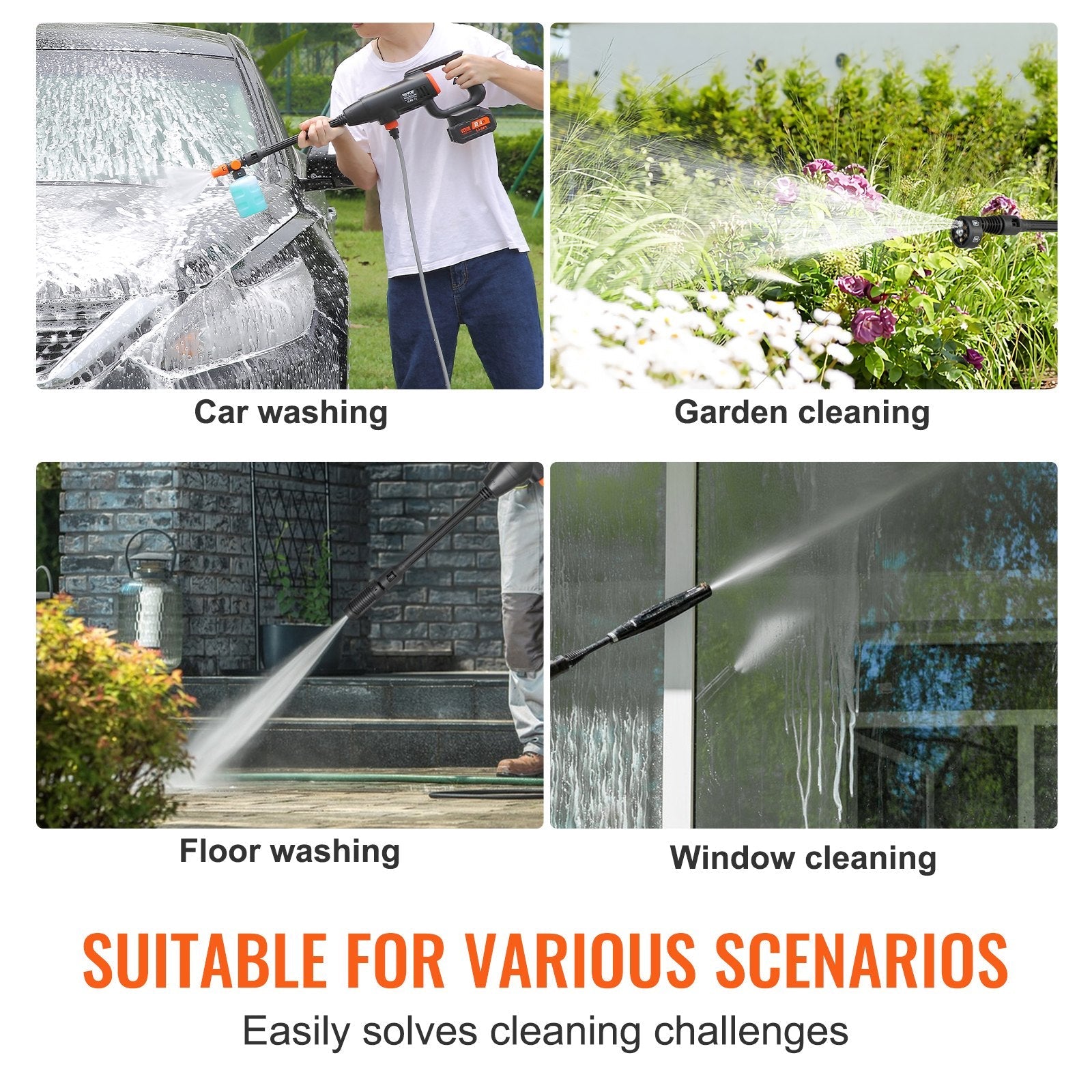 VEVOR Cordless Pressure Washer, 580-PSI 1.1 GPM Portable Power Cleaner, Handheld High-Pressure Car Washer Gun with 4.0Ah Battery, Charger, 6-in-1 Nozzle, for Home/Floor Cleaning & Watering-4