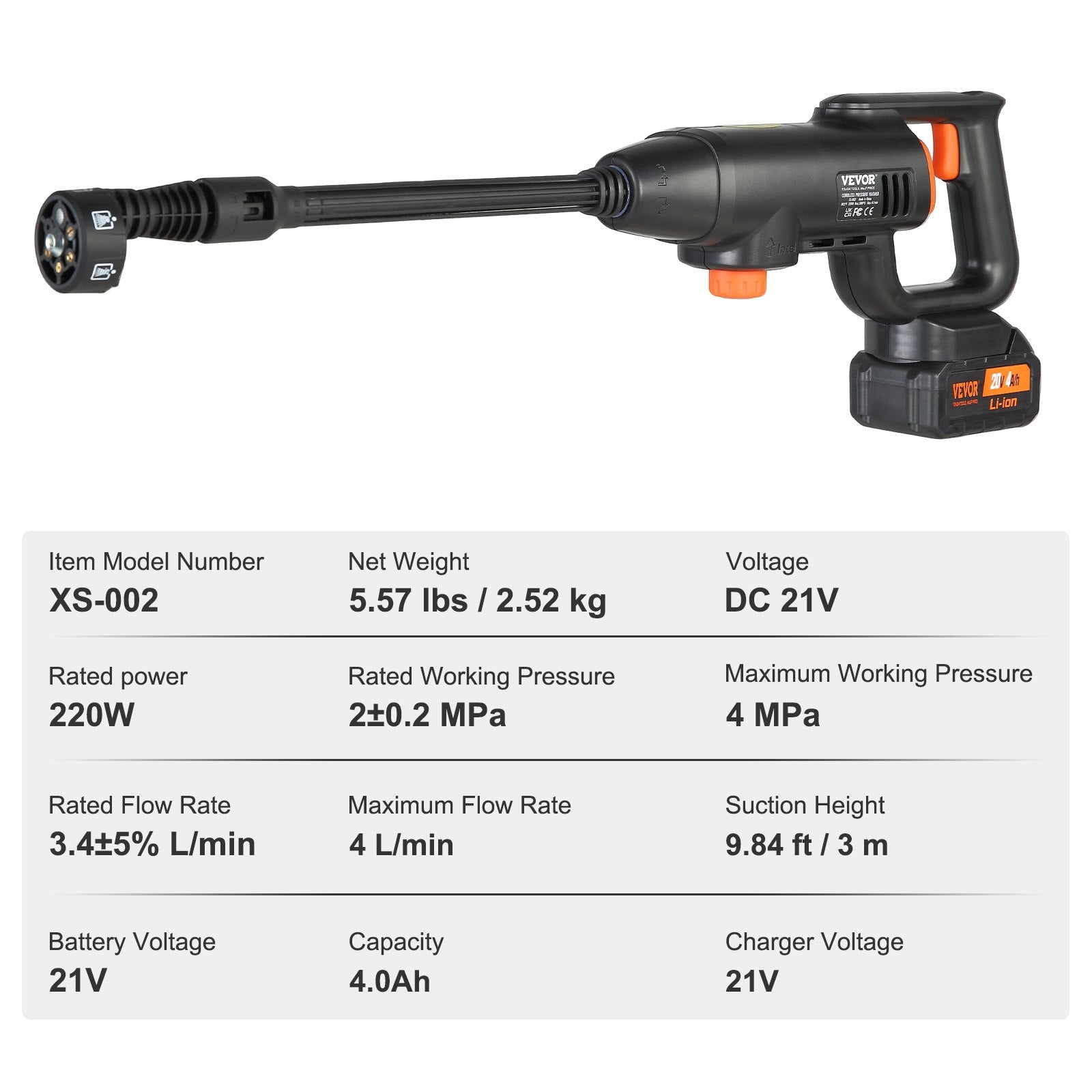 VEVOR Cordless Pressure Washer, 580-PSI 1.1 GPM Portable Power Cleaner, Handheld High-Pressure Car Washer Gun with 4.0Ah Battery, Charger, 6-in-1 Nozzle, for Home/Floor Cleaning & Watering-5