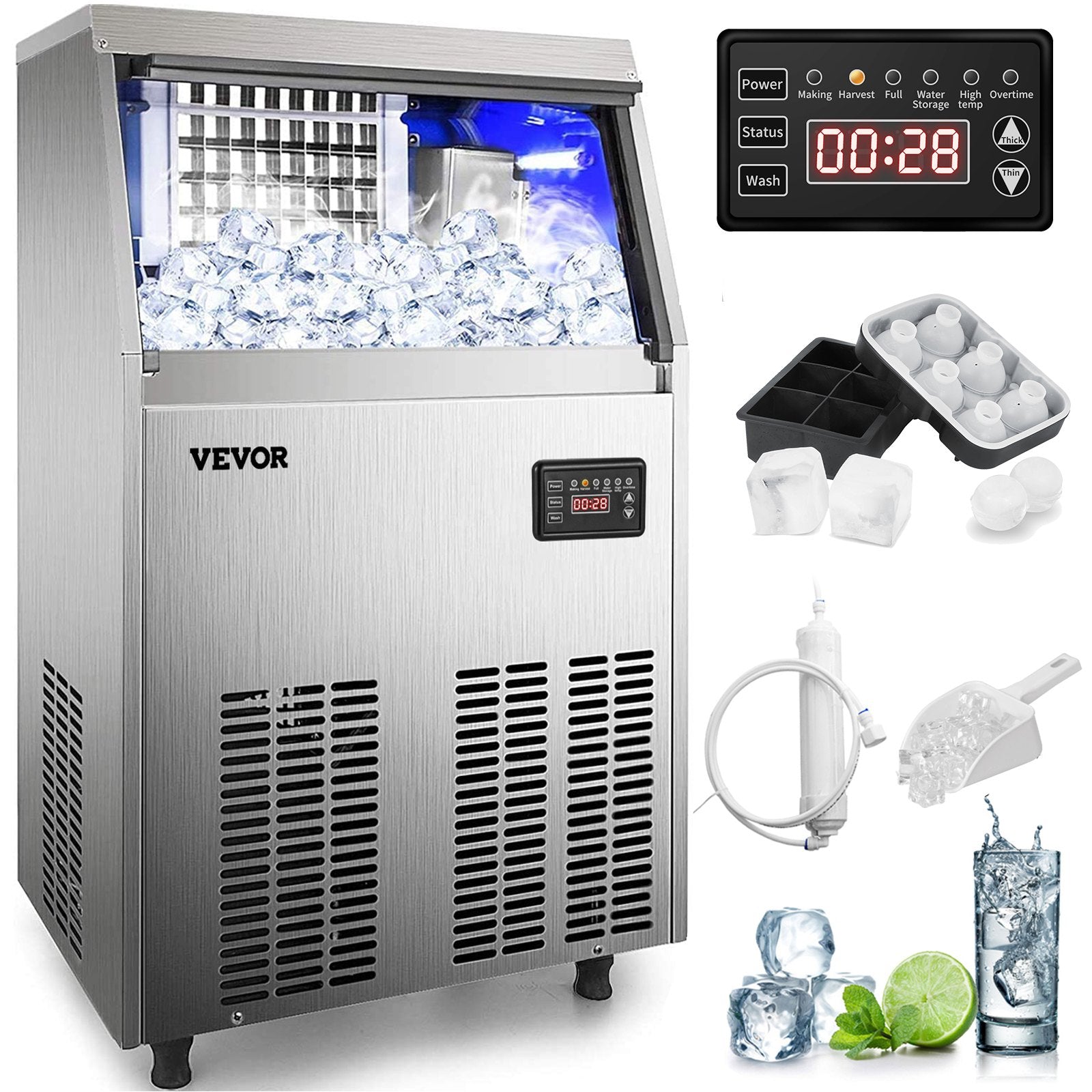 VEVOR 110V Commercial Ice Maker 110LBS/24H with 44lbs Storage Capacity Stainless Steel Commercial Ice Machine 40 Ice Cubes Per Plate Industrial Ice Maker Machine Auto Clean for Bar Home Supermarkets-6
