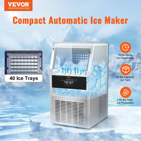 VEVOR 110V Commercial Ice Maker 80LBS/24H with 24lbs Storage Capacity Stainless Steel Commercial Ice Machine 40 Ice Cubes Per Plate Industrial Ice Maker Machine Auto Clean for Bar Home Supermarkets-0