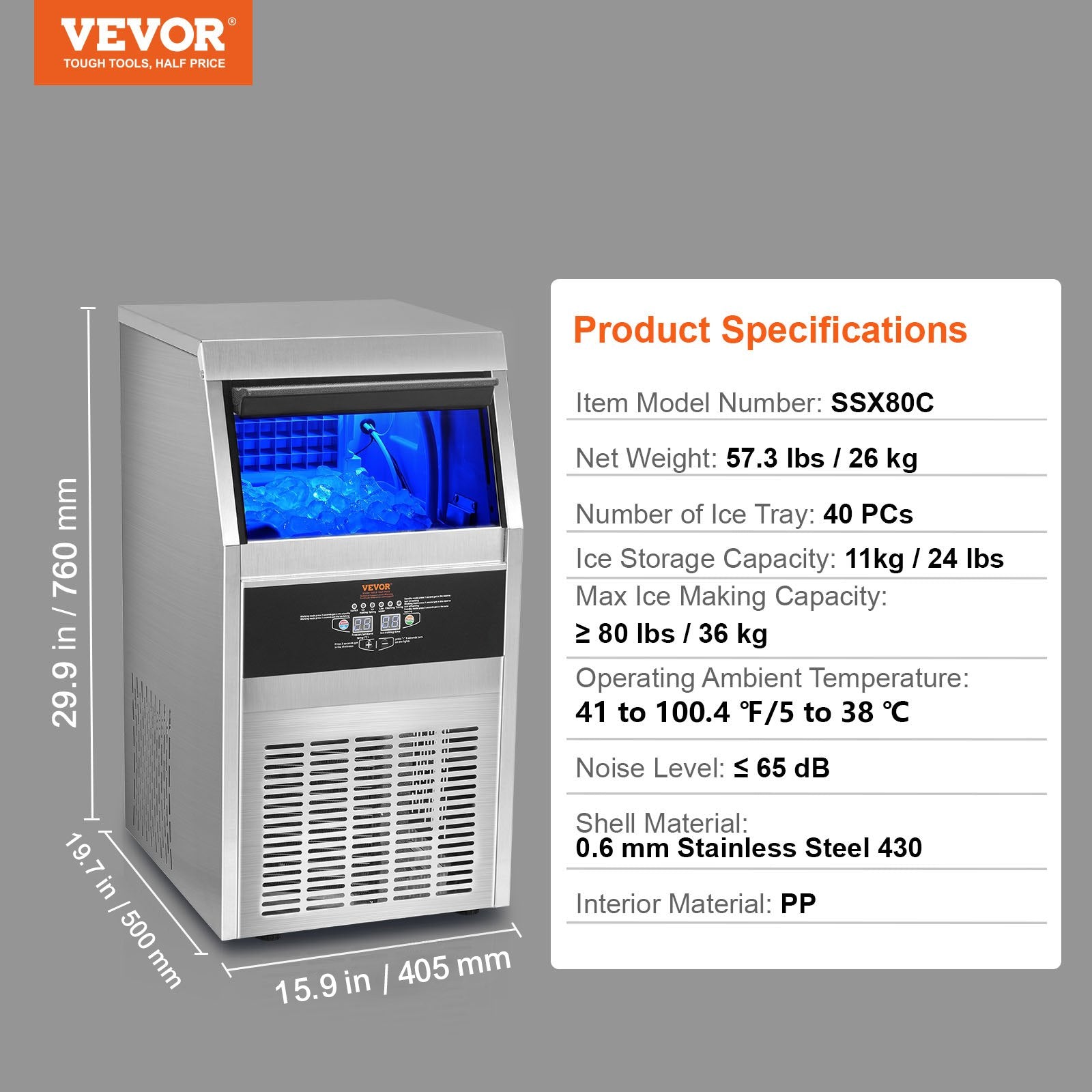 VEVOR 110V Commercial Ice Maker 80LBS/24H with 24lbs Storage Capacity Stainless Steel Commercial Ice Machine 40 Ice Cubes Per Plate Industrial Ice Maker Machine Auto Clean for Bar Home Supermarkets-5