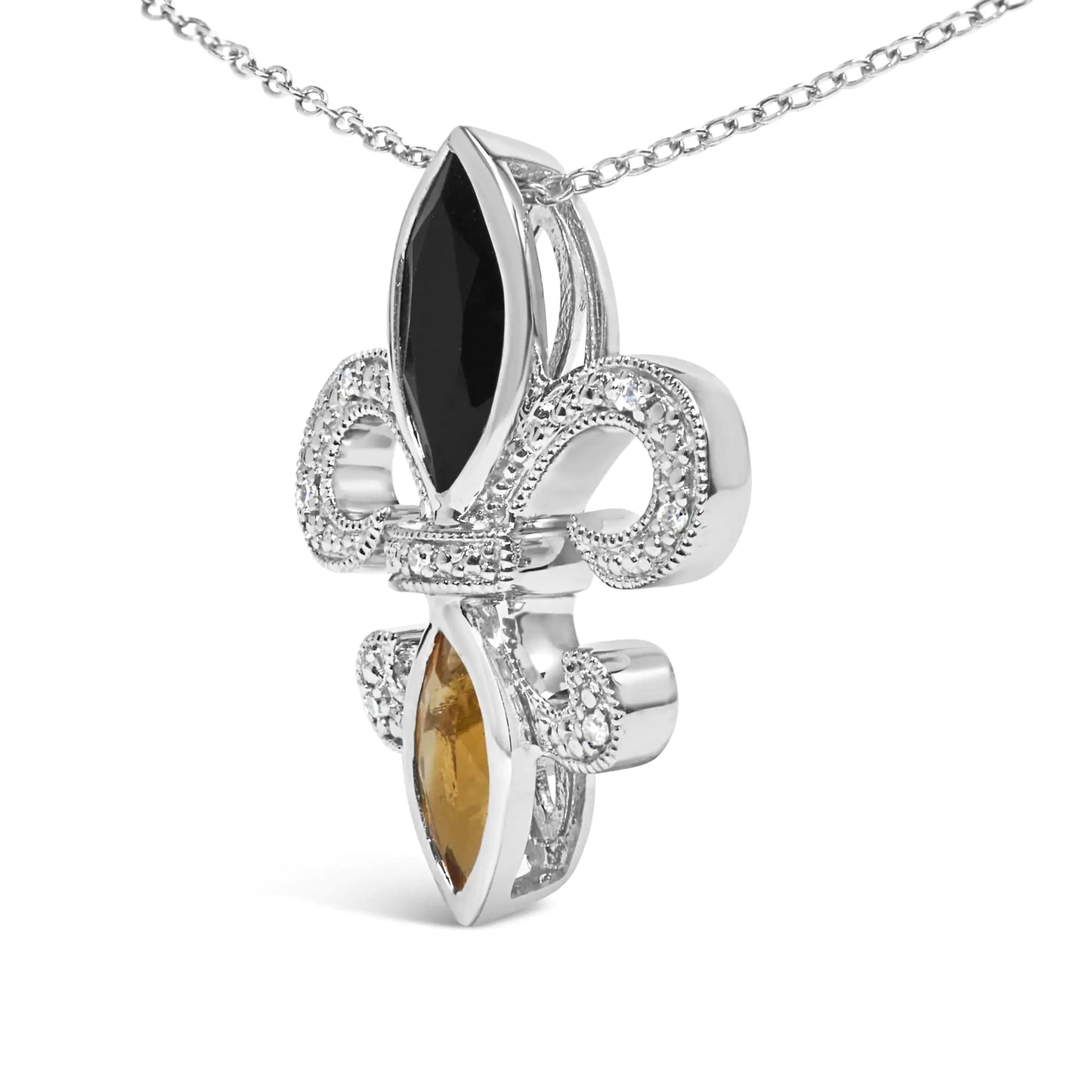 .925 Sterling Silver Marquise Onyx and Citrine and Diamond Accent Fleur De Lis Pendant Necklace (H-I Color, SI1-SI2 Clarity) - 18"