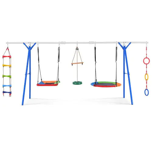 5-in-1 Outdoor Toddler Swing Set, Playground Swing Set With Steel Frame, Multifunctional Playset For Kids With Climbing Ladder, Saucer Swing, Monkey Pole Swing, Disc Swing And Swing Ring