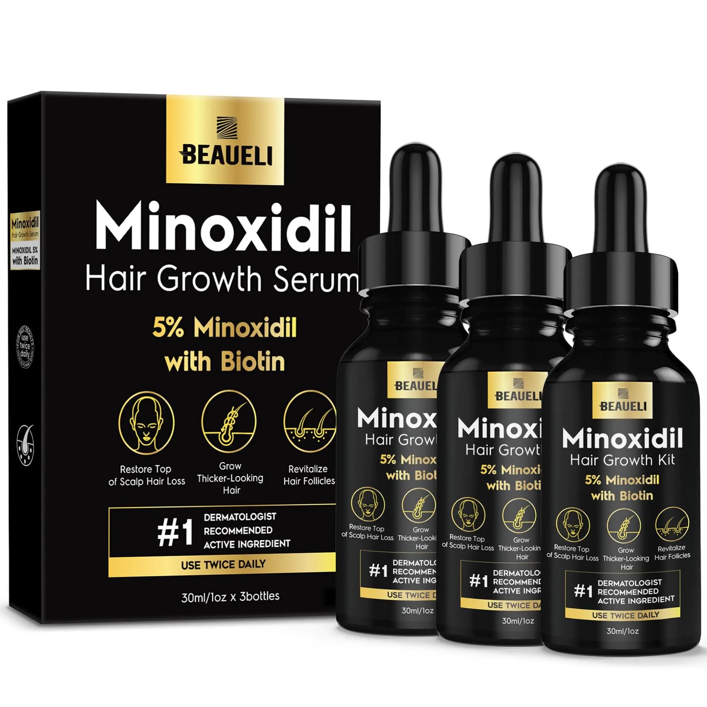 5% Minoxidil for Men and Women, Hair Growth, Beard Growth, Hair Regrowth, Unscented Drop, 3 Fl Oz, 3 Bottles 1 Fl Oz (Pack of 3)