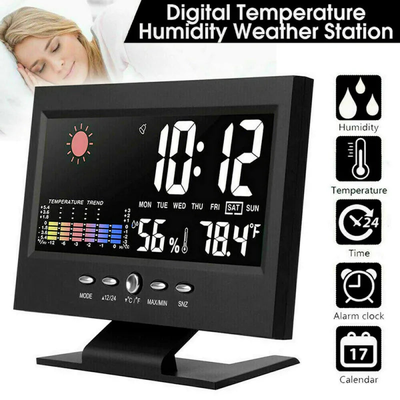 LED Digital Alarm Clock Snooze Calendar Thermometer Hygrometer Weather Display