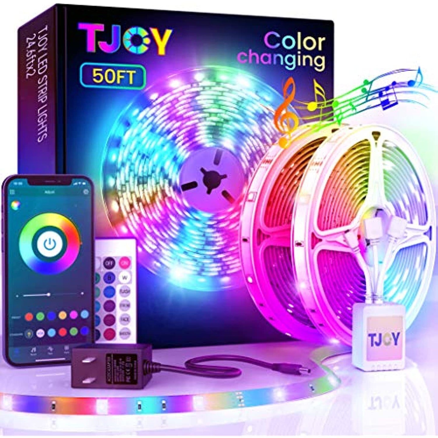 TJOY 50ft Bluetooth LED Strip Lights, Music Sync 5050 LED Light Strip RGB Color