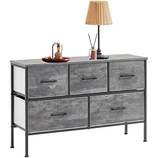5 Drawer Dresser Long Wide Chest of Drawers Nightstand with Wood Top Rustic