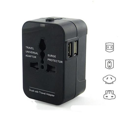 Color: Black - Worldwide Power Adapter and Travel Charger with Dual USB ports that works in 150 countries