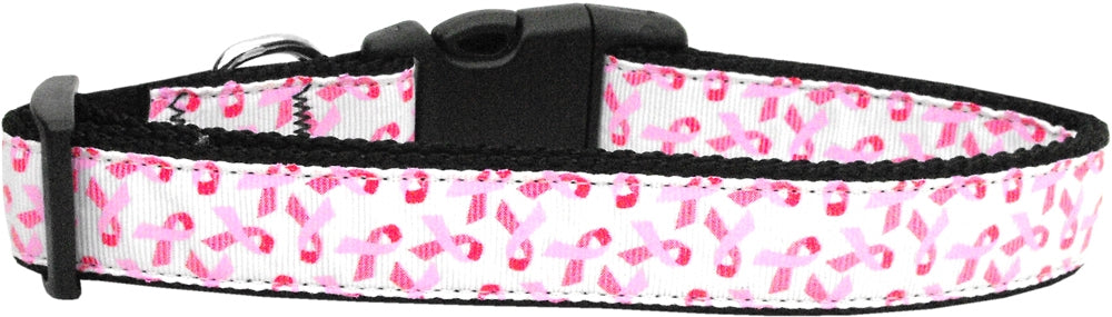 This 5/8" wide size medium narrow dog collar is made of durable nylon with a high quality ribbon overlay.  It is adjustable to fit a neck size from 10-18".