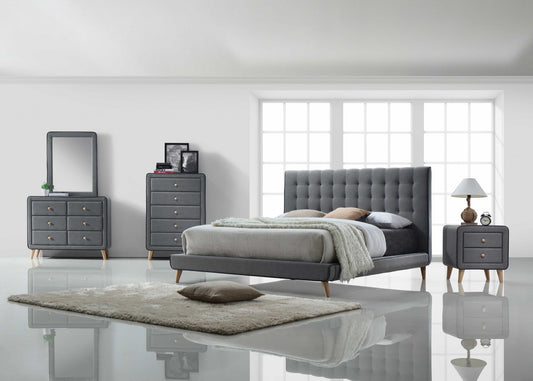 Light Gray Buttonless Tufted Fabric Queen Bed With Natural Finish Legs