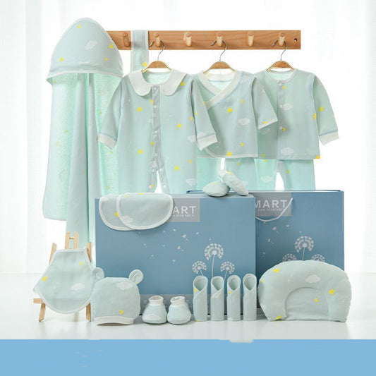 Color: 22piece set cyan, Size: 66yards from three to June - Pure Cotton Spring And Autumn Newborn Baby Gift Box Full Moon Supplies Summer Suit