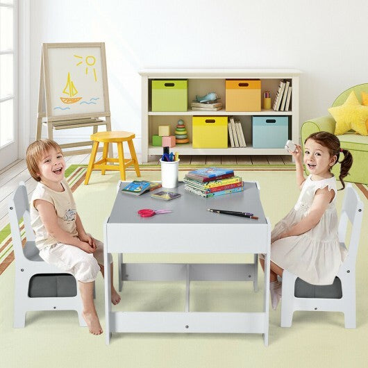 Kids Table Chairs Set With Storage Boxes Blackboard Whiteboard Drawing-White - Color: White