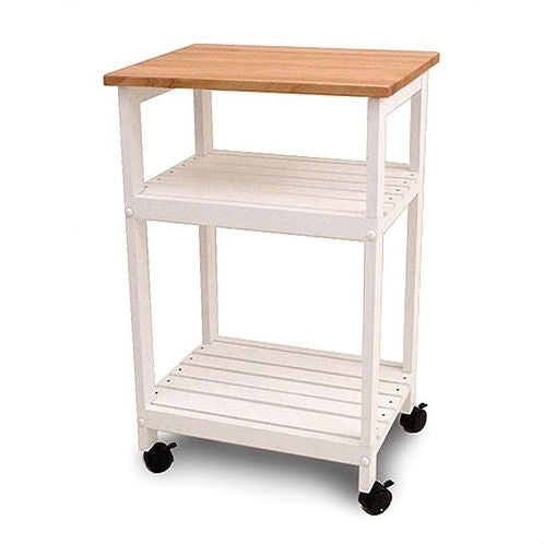 White Kitchen Microwave Cart with Butcher Block Top & Locking Casters