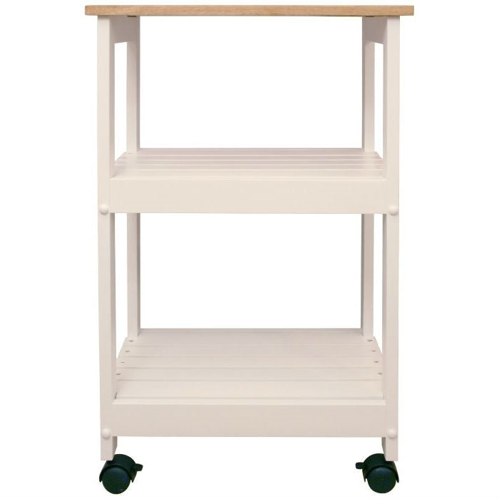 White Kitchen Microwave Cart with Butcher Block Top & Locking Casters