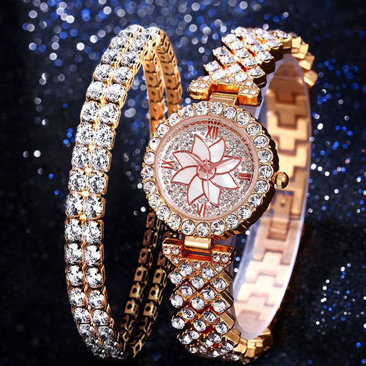 Luxury Women Plated  Rose Gold Watch Fashion Ladies Quartz Diamond Wristwatch Elegant Female Bracelet Watches 2pcs Set